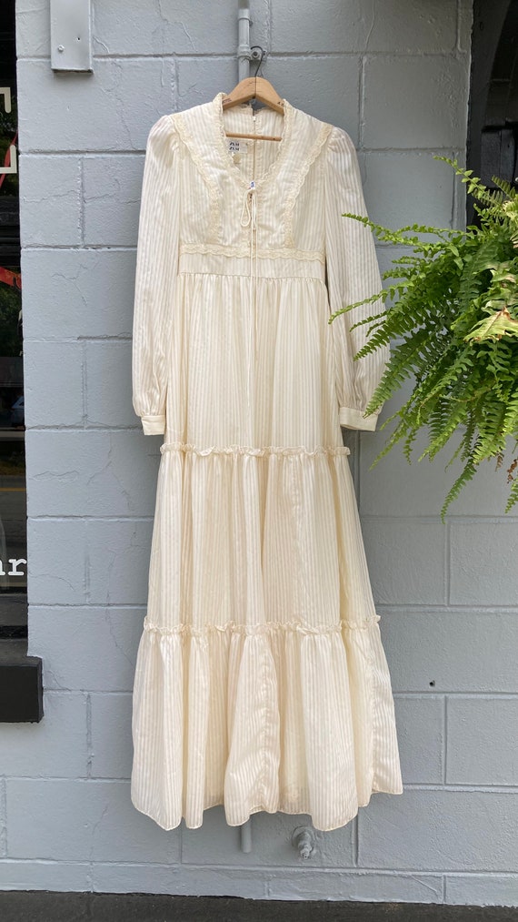 1970s Corset Striped Chiffon Prairie Dress