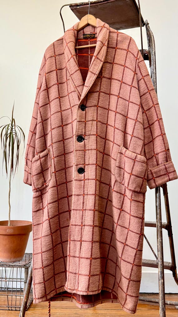 Antique 1930s Button Blanket Robe Grid Pattern Cord Rope Belt