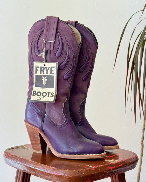 Vintage 1970s Frye Purple Bearclaw Inlay Leather Cowgirl Boots Deadstock | womens juniors 4