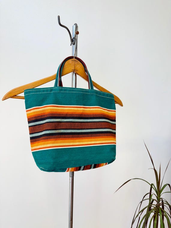 Vintage 1950s 60s Awning Stripe Canvas Small Tote Bag