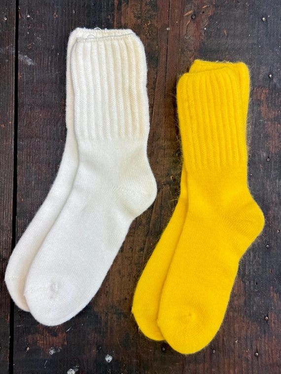 Vintage 2 Pack Kids Soft Fuzzy Rib Knit Crew Socks | Yellow & White