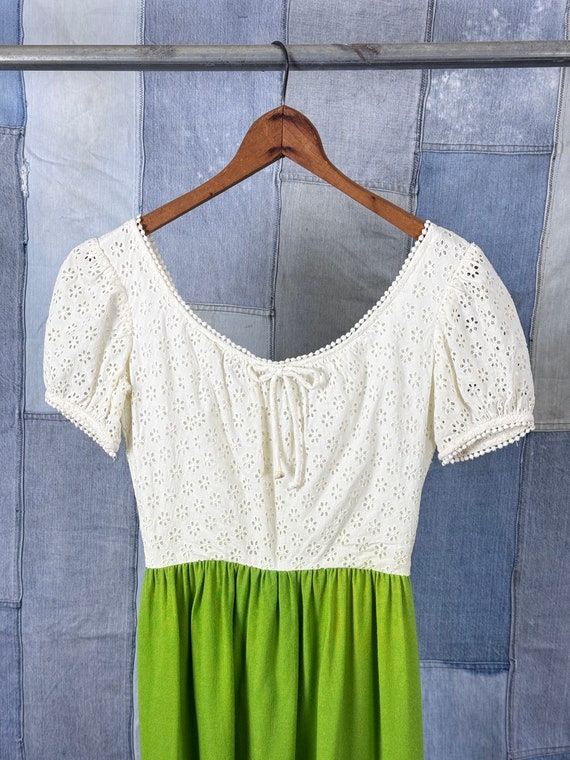 1960s Lanz Eyelet Lace Puff Sleeve Mini Dress