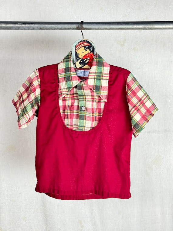 Vintage 1970s Childrens Plaid Dagger Collar Popover Shirt