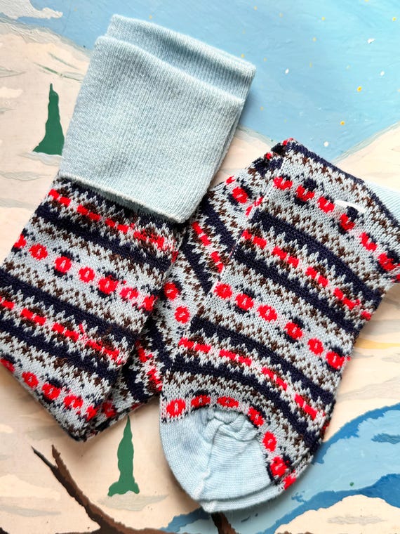 Vintage 1980s Fair Isle Knee High Socks made in USA | powder blue navy
