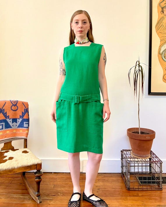 Vintage 1980s French Linen Kelly Green Drop Waist Dress Guy Laroche | 42 medium