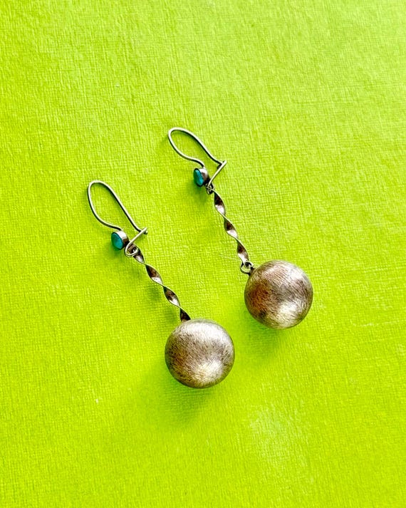 Vintage 1970s Turquoise Sterling Silver Ball & Twist Chain Drop Earrings