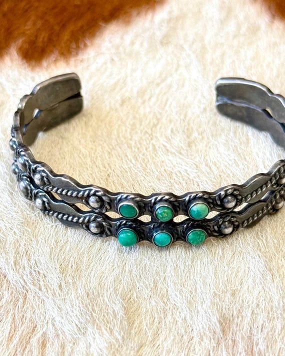 Vintage 1940s Sterling Silver Arrow Turquoise Rope Southwestern Cuff Bracelet