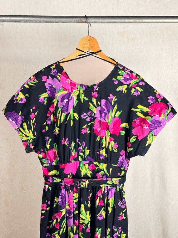 Vintage 1980s Black Floral Cutout Fit n Flare Dress Stuart Alan