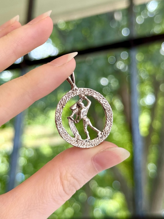 Vintage 1960s 70s Aquarius Zodiac Sign Round Sterling Silver Pendant