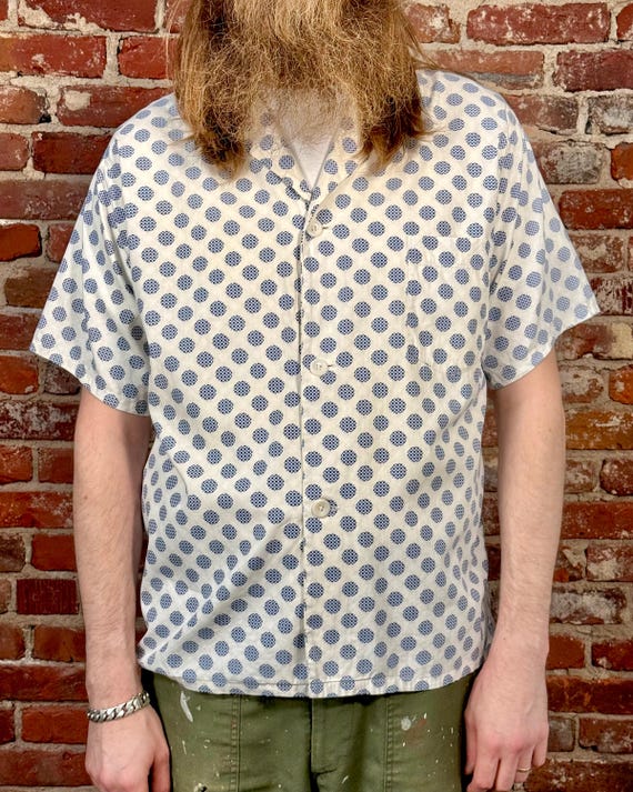 Vintage 1960s Checkered Dot Camp Collar Pajama Shirt | large
