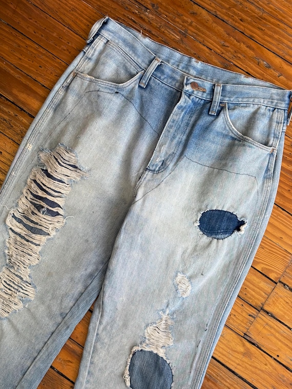 Vintage 1970s Wrangler Maverick Distressed Patchwork Denim Bootcut Jeans 32