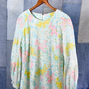 1960s Floral Chiffon Long Sleeve Shift Dress