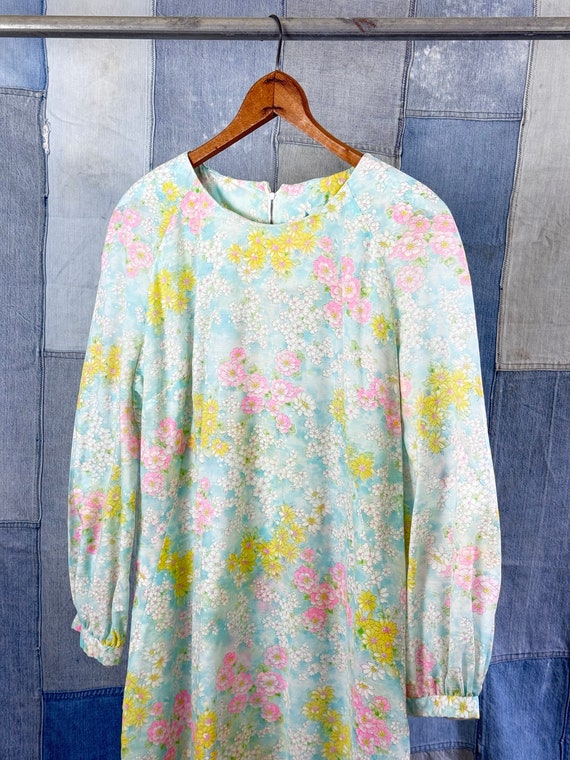 1960s Floral Chiffon Long Sleeve Shift Dress