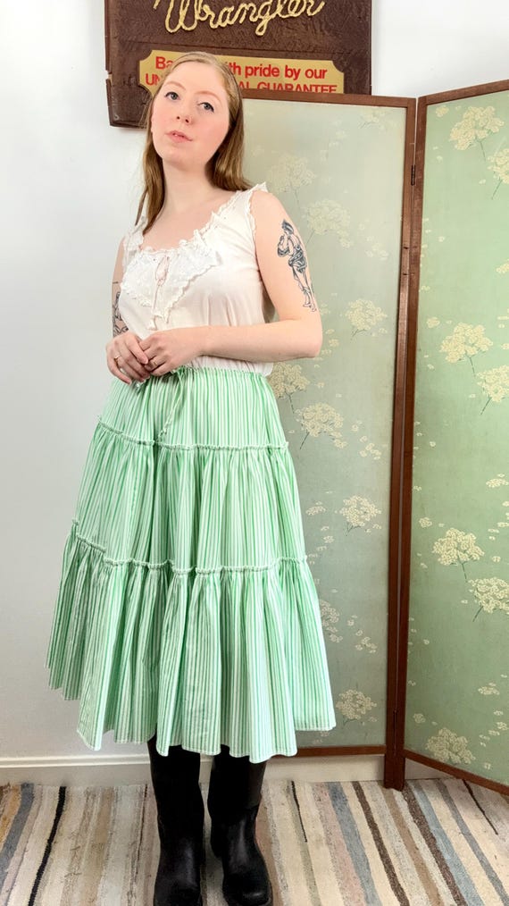 Vintage 1970s Drawstring Green Candy Stripe Tiered Skirt | one size