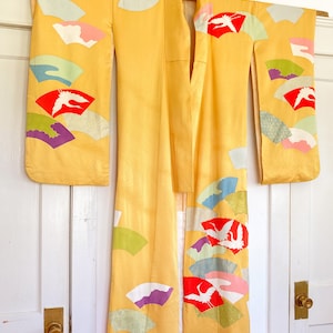 Golden Cranes & Fans Vintage Furisode Kimono