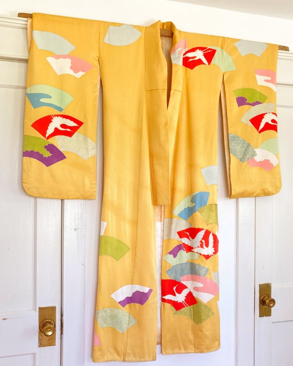 Golden Cranes & Fans Vintage Furisode Kimono