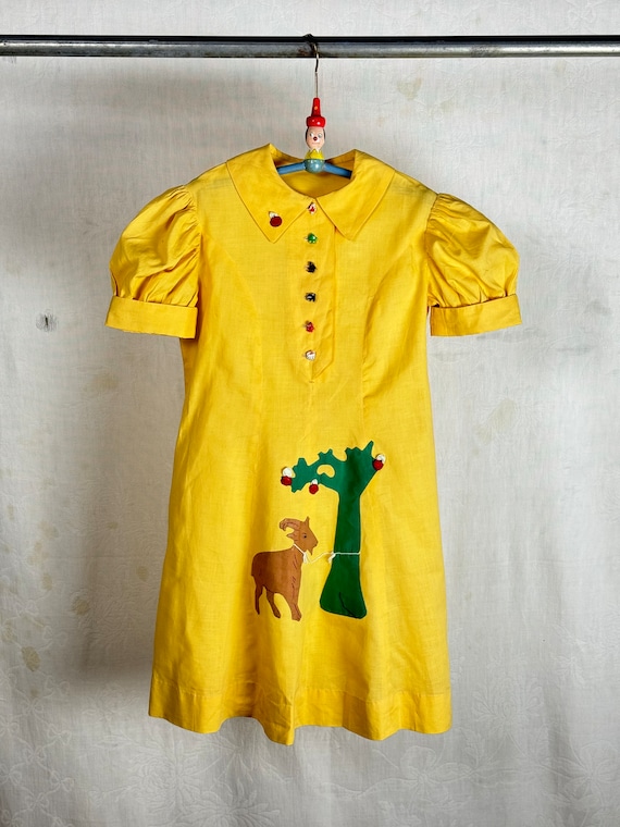 Vintage 1930s 40s Childrens Goat Appliqué Puff Sleeve School Dress