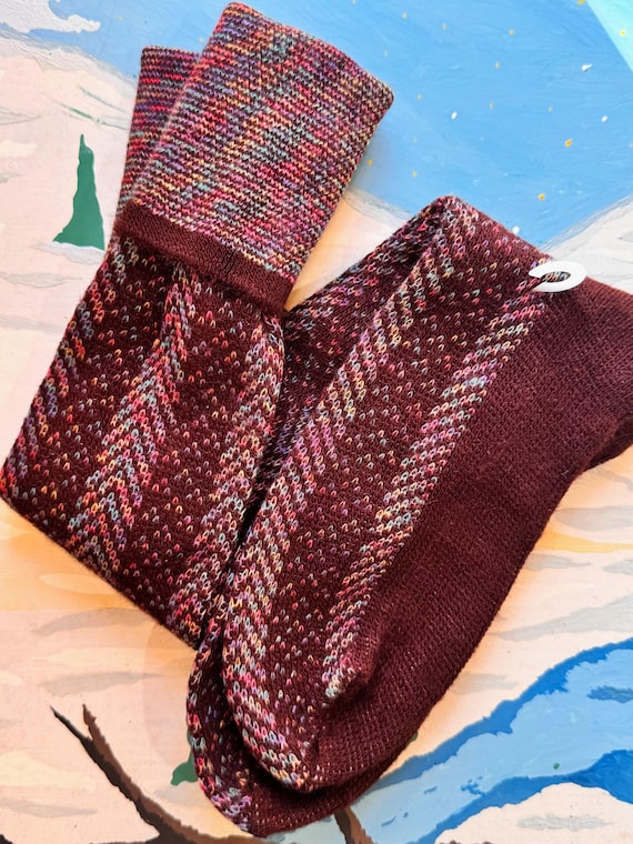 Vintage 1980s Herringbone Knee High Socks made in USA | maroon rainbow