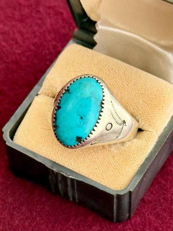 Vintage Turquoise Cabochon Sawtooth Native American Sterling Silver Mens Ring | size 9