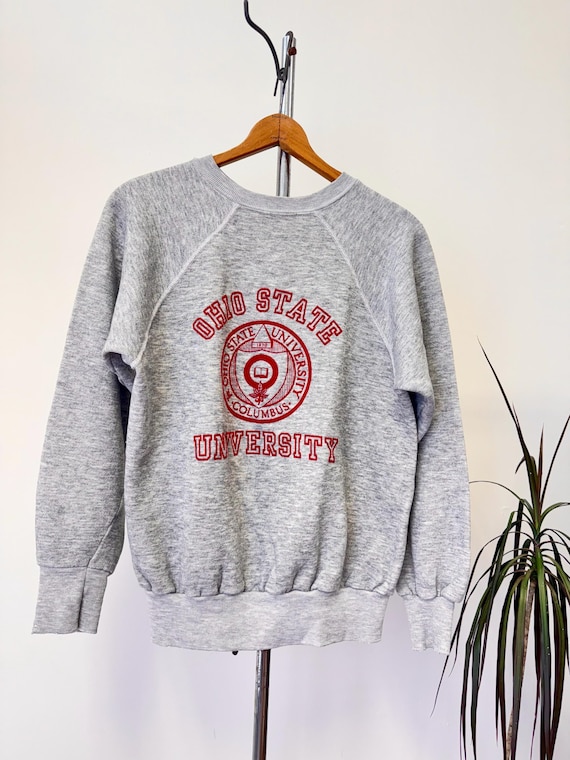 Vintage 1970s Flocked Ohio State University Graphic Raglan Sweatshirt | small