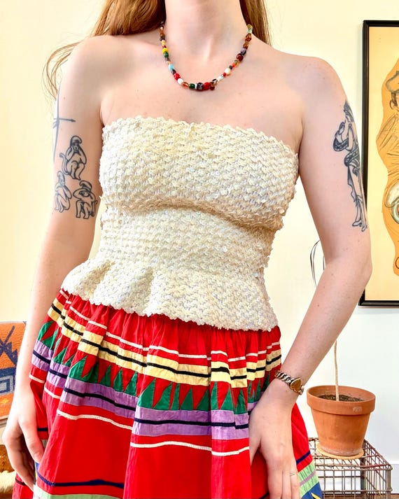 Vintage 1970s Pearlescent Sequin Elastic Peplum Tube Top | small medium