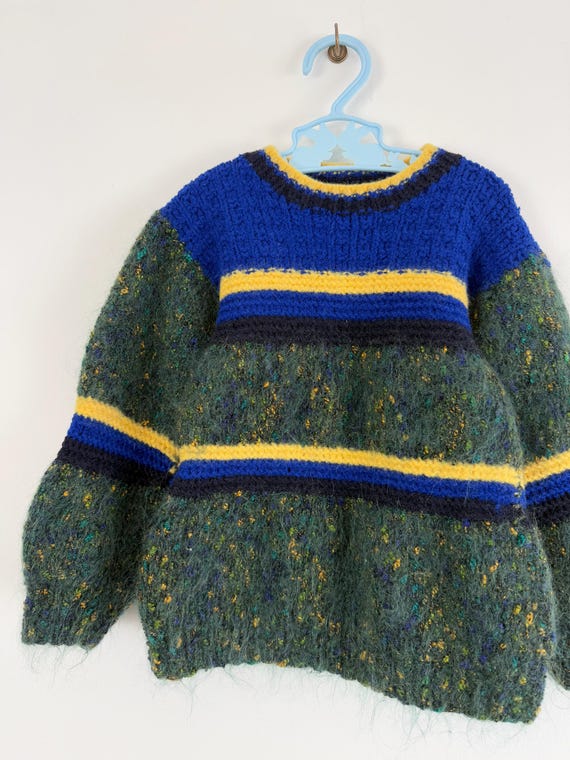 Vintage 1970s Hand Knit Stripe Mohair Pullover Sweater | toddler 4T 5T