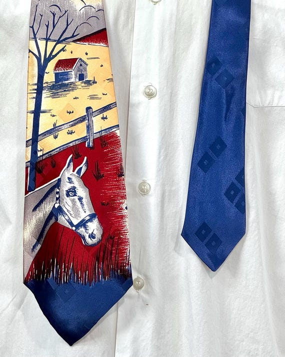 Vintage 1950s Horse Farm Satin Acetate Printed Necktie