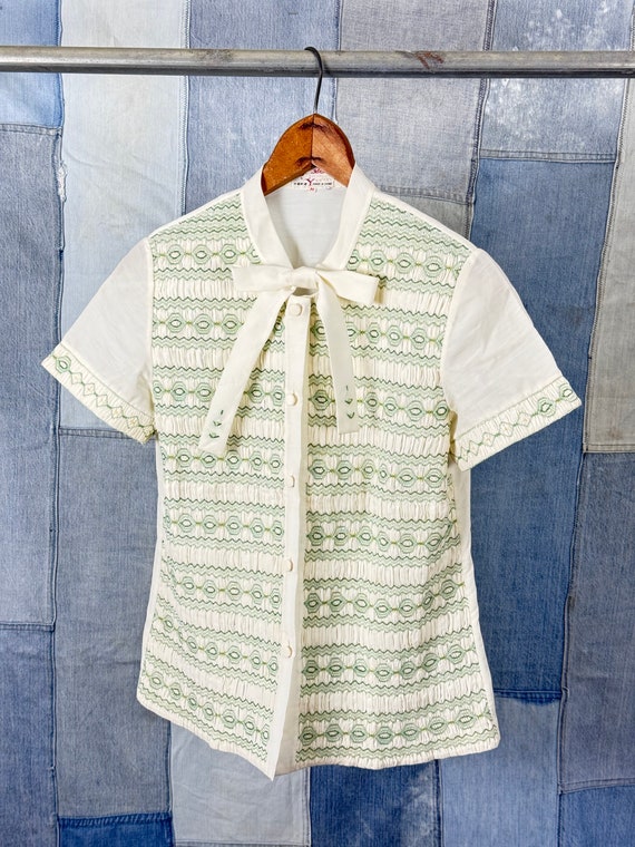 1960s Smocked Semi Sheer Tie Blouse