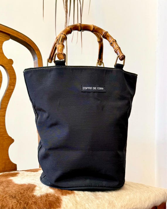 Vintage Esprit de Corp Bamboo Top Handle Black Bucket Handbag
