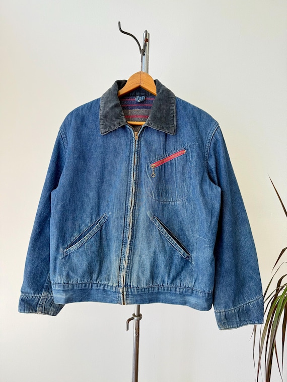 Vintage 1950s Denim Blanket Lined Zip Work Jacket | medium