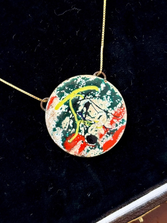 Vintage Modernist Handcrafted Enamel Copper Disc Double Loop Statement Pendant