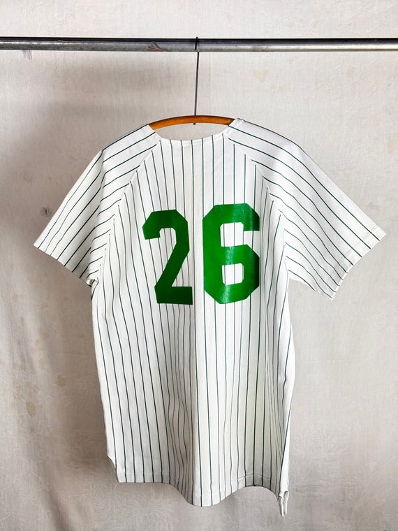 Vintage 1960s 70s Green Stripe Polyester Baseball Jersey T Shirt