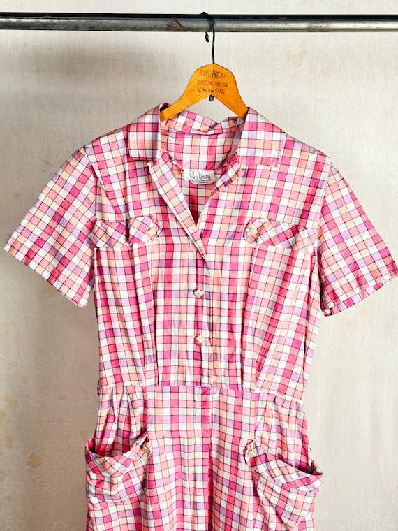 Vintage 1950s Loop Collar Shirt Pink Check Day Dress