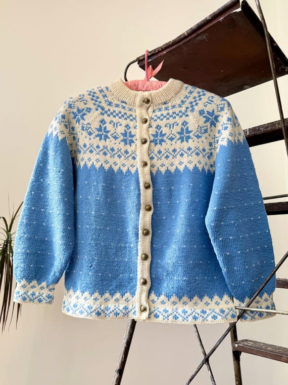Vintage 1960s Danish Wool Light Blue Fair Isle Cardigan Sweater