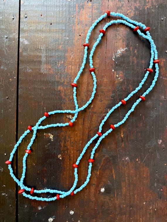 Vintage Red Saga Seed Turquoise Glass Beaded Necklace