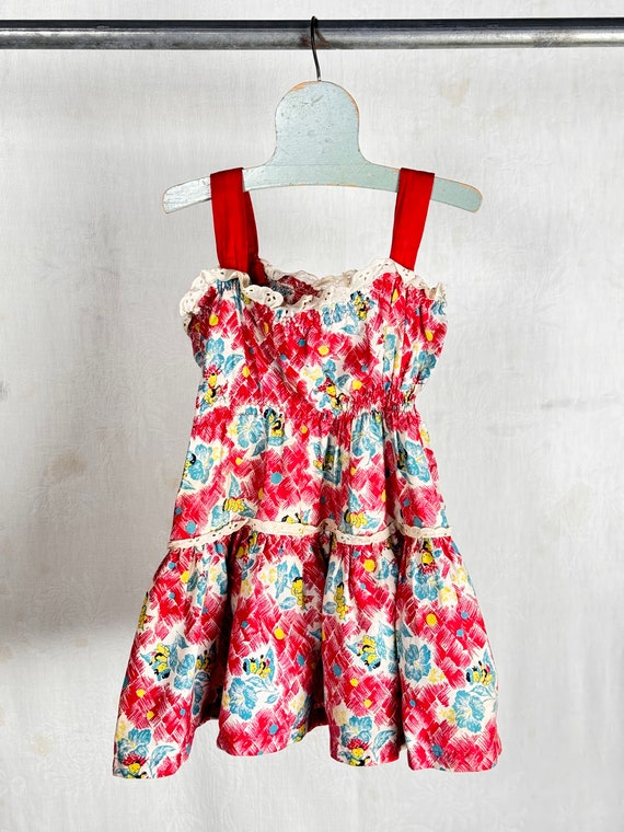 Vintage 1950s Childrens Hawaiian Kewpie Shirred Sun Dress