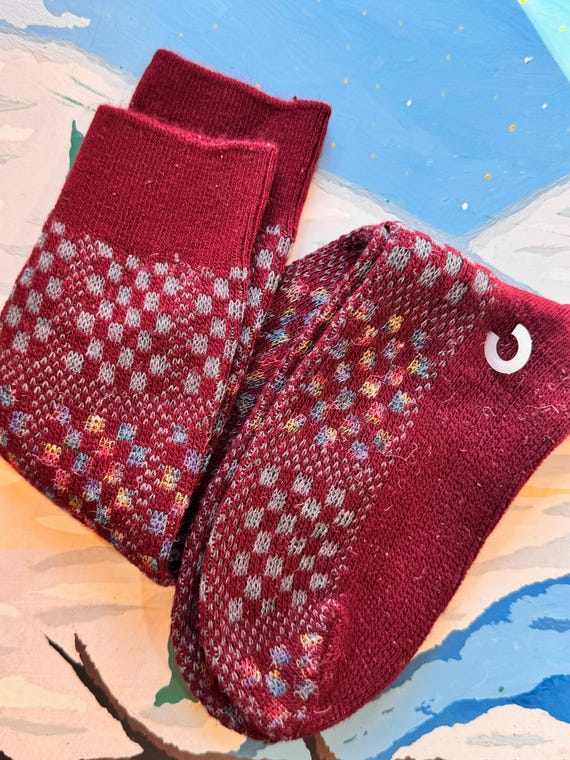 Vintage 1980s Checkerboard Knee High Socks made in USA | maroon rainbow