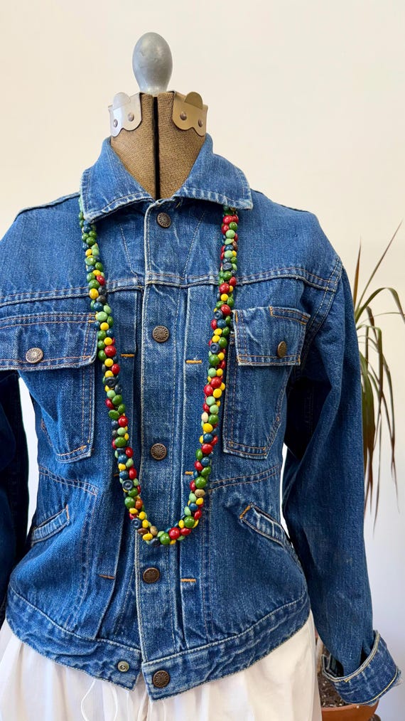 Antique 1930s Primary Painted Wooden Button Long Beaded Necklace