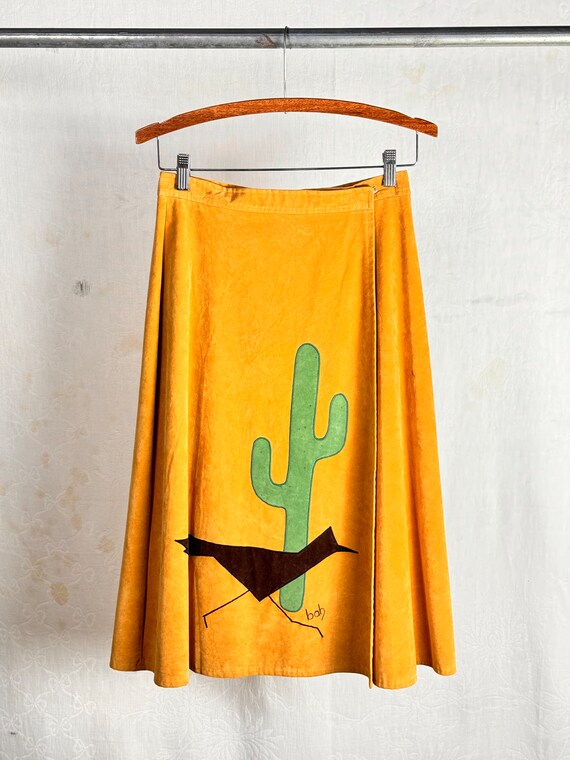 SMALL Vintage 1970s Cactus Appliqué Faux Suede Wrap Skirt