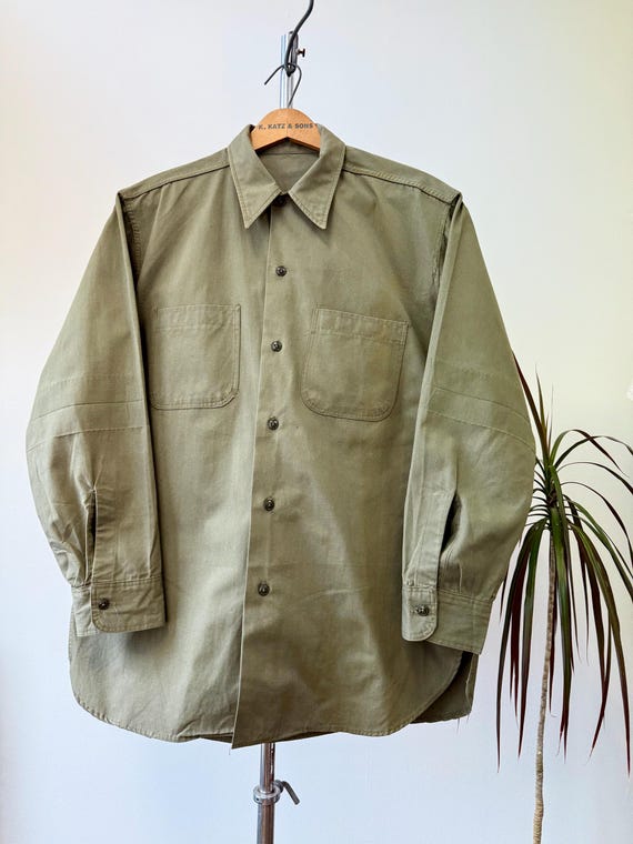 Vintage 1940s USN N-3 Olive Drab Cotton Poplin Shirt | medium