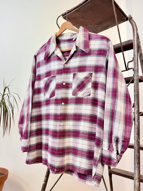 Vintage 1960s Lightweight Raspberry Plaid Mens Flannel Shirt | xlarge