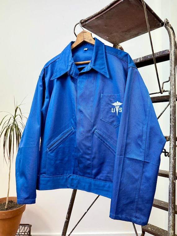 Vintage 1950s US Military Medical Blue Twill Cropped Work Jacket | large
