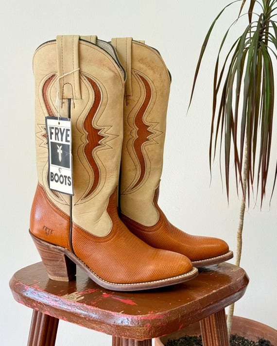 Vintage 1970s Frye Rust Longhorn Inlay Leather Cowgirl Boots Deadstock | womens 6