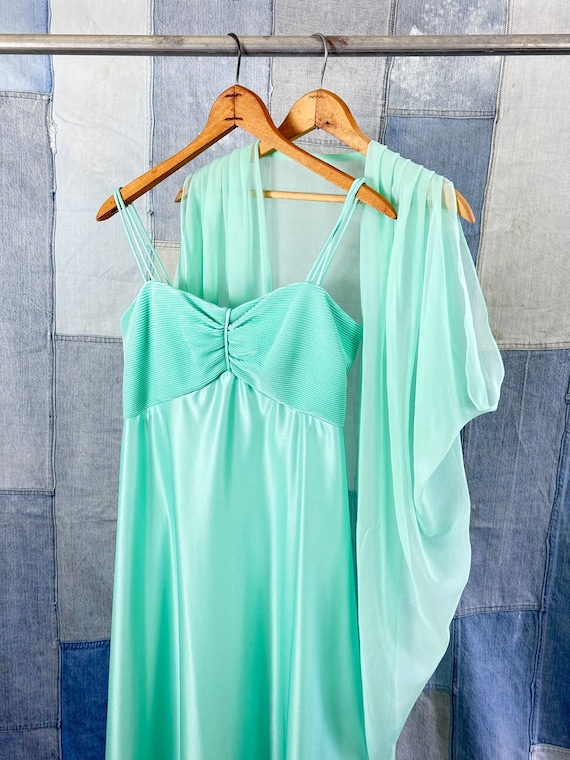 1960s 70s Polyester Maxi Gown and Chiffon Shawl Dress Set