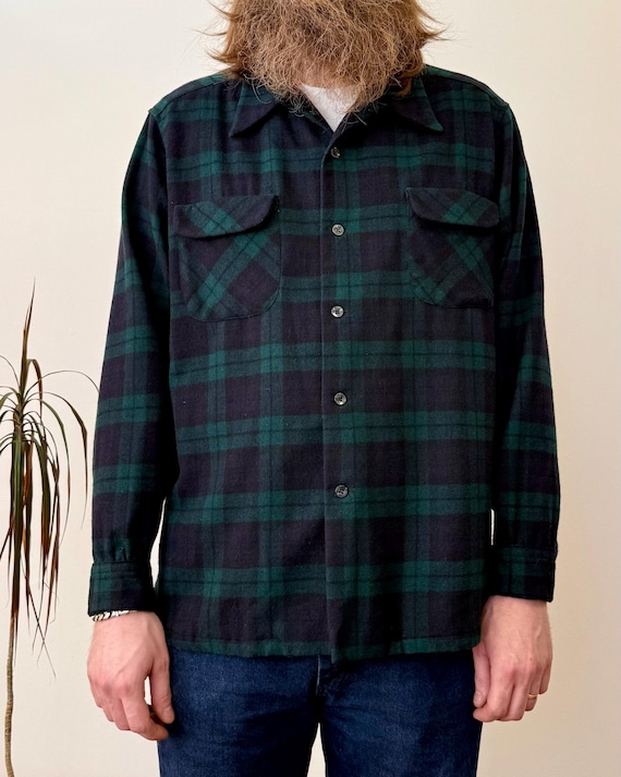 Vintage 1970s Pendleton Loop Collar Tartan Wool Plaid Board Shirt | mens xlarge