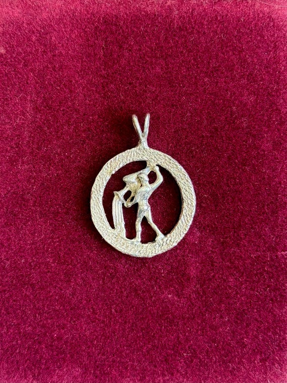 Vintage 1960s 70s Aquarius Zodiac Sign Round Sterling Silver Pendant