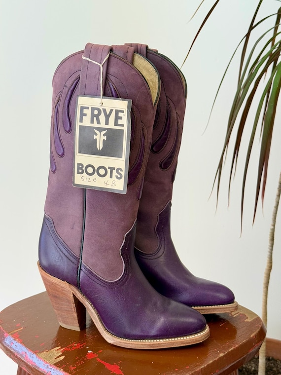 Vintage 1970s Frye Purple Bearclaw Inlay Leather Cowgirl Boots Deadstock | womens juniors 4