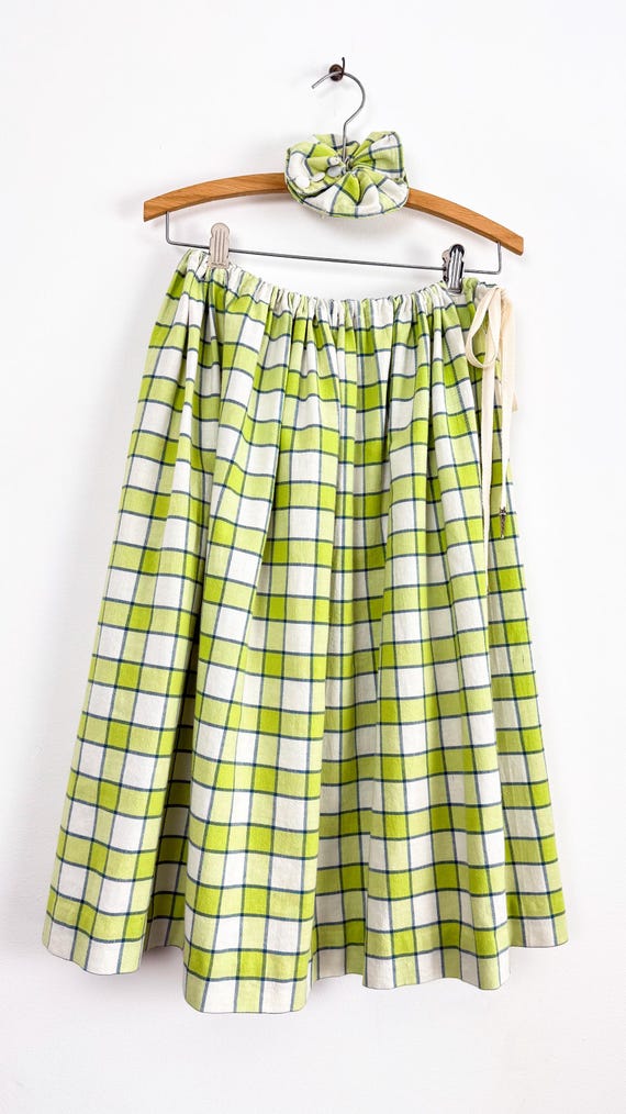 Reworked Vintage Drawstring Waist Chartreuse Woven Check Skirt & Scrunchie Set | one size