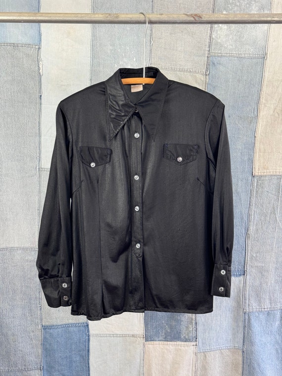 Vintage 1970s Black Jersey Satin Polyester Shirt