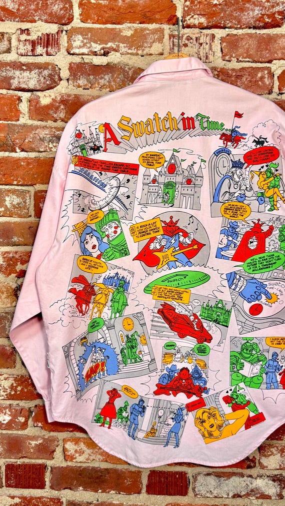 Vintage 1980s Swatch Comic “A Swatch in Time” Loop Collar Shirt | large